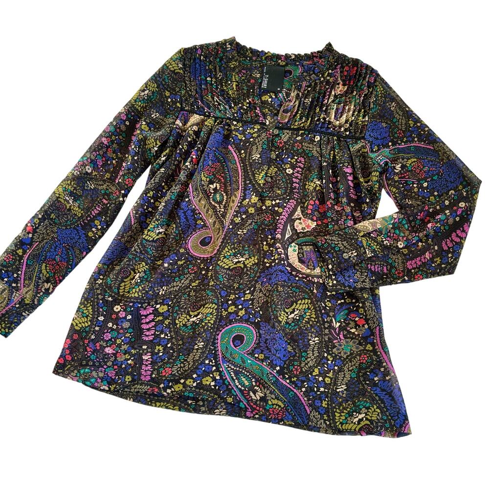 Dolan Anthropologie Black Floral Print Long Sleeve Semi-Sheer Blouse Size Medium